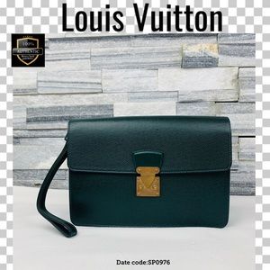 Louis Vuitton Green Leather Wristlet Clutch with Gold Lock